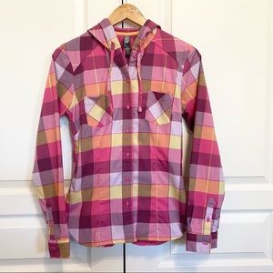 Mountain Hardware Button Up Plaid Hooded Pocket Hiking Shirt Womens XS